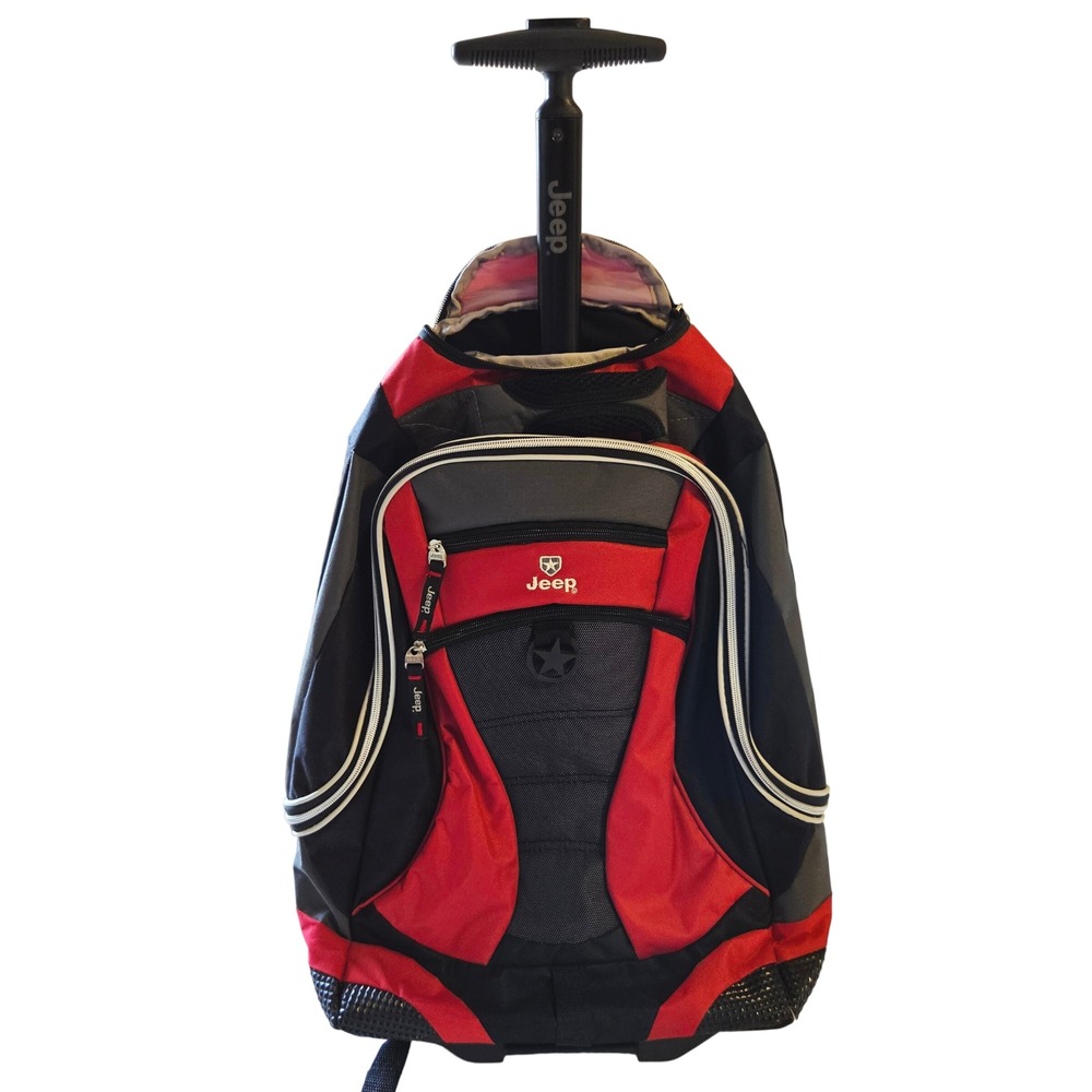 Jeep Rolling Backpack Red Black Grey Telescoping T-Handle Travel Bag